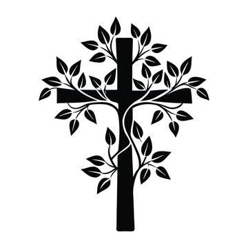 Cross with plant vines on white background
