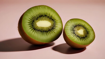 Close-up view of halved kiwifruit showcasing vibrant green flesh and intricate seed patterns against a soft pink backdrop