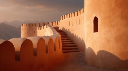 A sun-drenched defensive fortress wall with a stone staircase.
