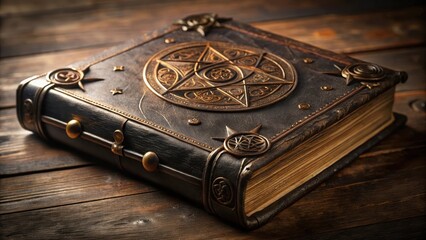 Ancient tome bound in black leather with strange symbols etched into cover
