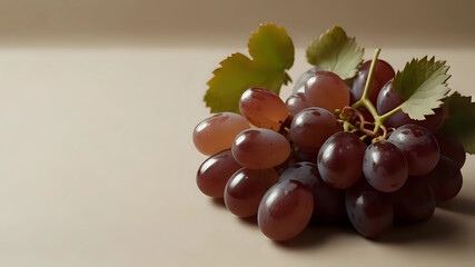 A cluster of fresh red and green grapes resting on a soft beige surface, highlighting their natural beauty and texture