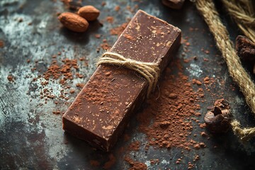 Artisan Chocolate Bar with Twine on Rustic Surface Sprinkled with Cacao Powder