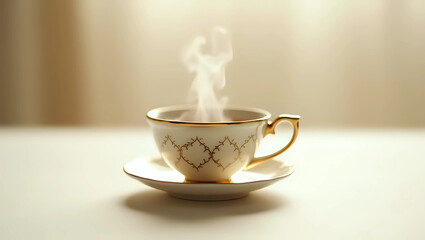 Elegant steaming cup of tea on a minimalist table, with soft natural light illuminating the background