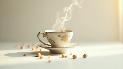 A delicate porcelain cup of steaming tea sits on a saucer, surrounded by scattered beans, illuminated by soft sunlight