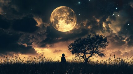 Fototapeta premium Silhouette of a person gazing at the full moon and stars, with a tree and tall grass in the foreground.