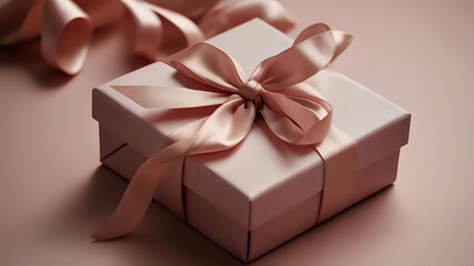 Elegant pink gift box adorned with a satin ribbon, set against a soft pastel background, perfect for celebrations
