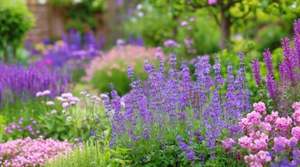 Obraz premium Lush garden bed overflowing with vibrant purple and pink flowers.