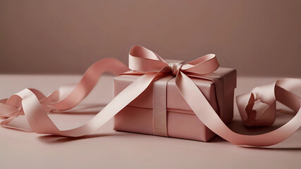 A beautifully wrapped pink gift box with satin ribbons, elegantly presented on a soft pastel background