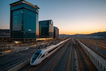 Modern High-Speed Train Passing Through Urban Area at Dusk