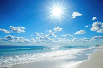 Obraz premium Sunny beach scene with blue sky, white clouds, and gentle waves