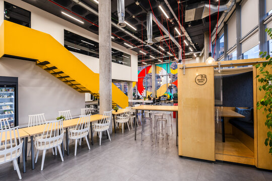 Modern collaborative workspace with vibrant interior design