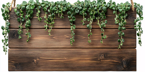A rustic wooden sign adorned with lush, hanging green plants