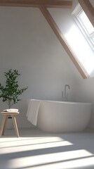 Bathtub in Attic with Beams, Stool, Plant, Towels and Skylight in bright white space