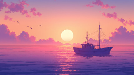 Fototapeta premium Serene Sunset Seascape with a Fishing Boat