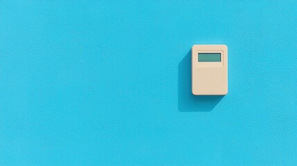 Minimal beige device mounted on a bright blue textured wall with a strong shadow, creating a modern and clean visual aesthetic.