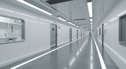 Modern, sterile laboratory hallway.  High-tech, clean, industrial space