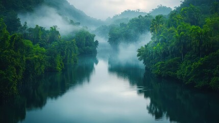 Obraz premium Misty river through lush forest
