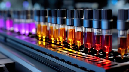 Colorful test tubes in a laboratory machine.