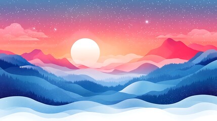 Fototapeta premium Winter sunset over frosted mountains landscape