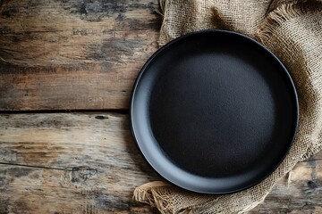 Black Plate with Burlap Cloth on Rustic Wooden Table, Vintage Kitchenware Setting