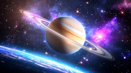 Vibrant Ringed Planet in a Cosmic Nebula