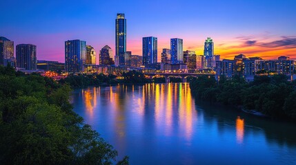 Fototapeta premium Sunset over a vibrant city skyline reflected in the river