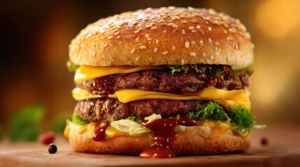 Double Cheeseburger with Sesame Seed Bun, Lettuce, and Ketchup