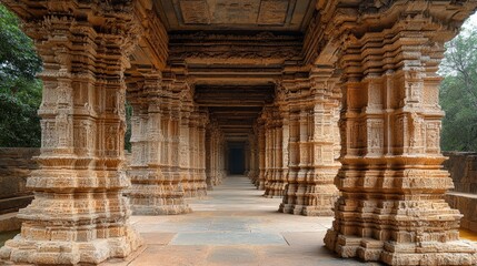 Ancient stone pillars create a long passageway within a temple complex.