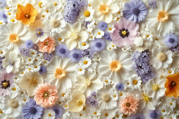 Delicate floral art, pastel flowers in white, lavender, and peach