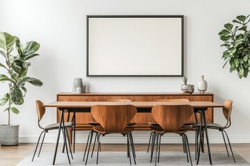 Modern dining room with light wood furniture, large blank framed art, and potted plants