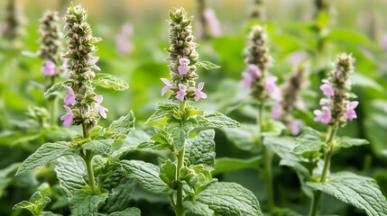 Blooming Motherwort Herb With Light Pink Flowers And Green Foliage In Garden