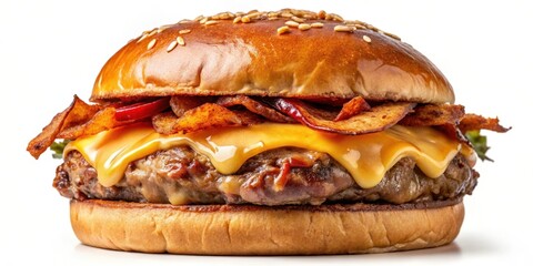 Juicy beef burger with melted cheese and crispy bacon on a toasted brioche bun isolated on transparent background , savory, juicy burger