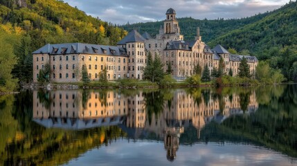 Obraz premium Massive stone building reflected in tranquil lake waters.