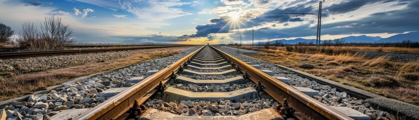 Fototapeta premium Railway tracks leading towards a colorful sky at sunset.