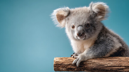 Fototapeta premium A cute koala perched on a wooden branch against a soft blue background, capturing attention
