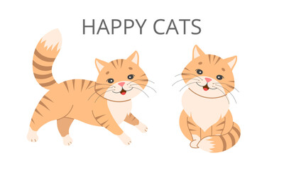Two cute happy cartoon cats with happy expressions. Perfect for pet, animal, veterinary or playful designs.