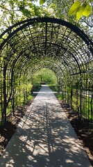 Blossoming Garden Archway Tunnel with Pathway in Sunlight Outdoor Floral