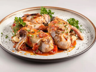 Delicious, savory rabbit stew, served hot.  Pieces of rabbit in a rich tomato sauce, garnished with herbs