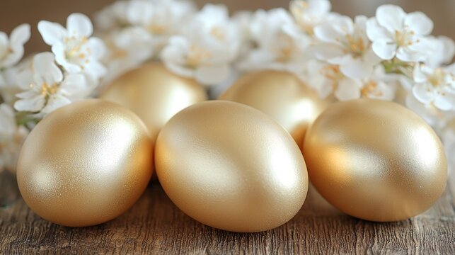 Golden eggs gleam among blossoms on wood surface