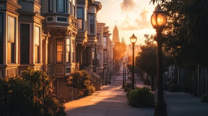 Fototapeta premium Golden hour charm of a San Francisco street