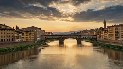 Fototapeta premium A picturesque scene of Florence’s cityscape with the famous Duomo standing tall, surrounded by historic buildings and the Arno River reflecting the warm afternoon light