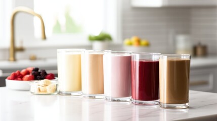 Five colorful smoothies in clear glasses arranged on a kitchen counter with fresh fruits nearby