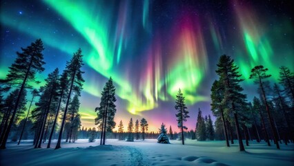 Aurora Borealis in Forest Night Sky , cosmic wonder