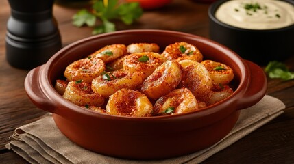 Fototapeta premium A delicious serving of seasoned shrimp in a rustic bowl, garnished with herbs, accompanied by a creamy dip.