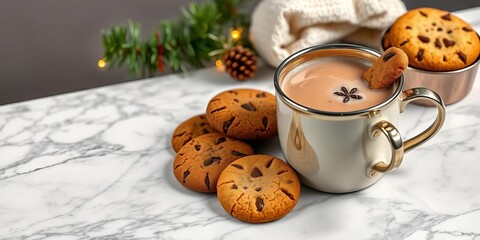 Warm cocoa in mug, assorted cookies on marble , baked goods, mug