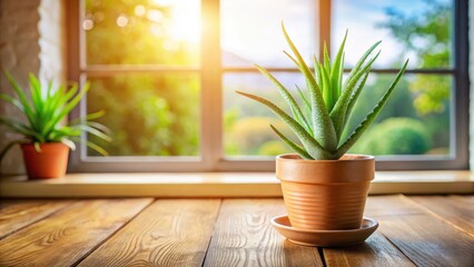 Fototapeta premium Aloe vera plant in a small terracotta pot on a wooden desk with natural sunlight filtering through the window,gardening