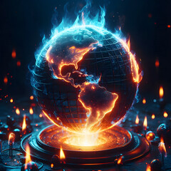 A burning world globe, posing Global warming threats or worldwide war and violence