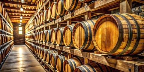 Whiskey aged in oak barrels on wooden rack, woodgrain, barrel aging,  woodgrain, barrel aging