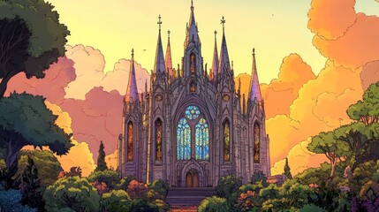 Grand gothic cathedral at sunset. Lush garden surrounds ancient church