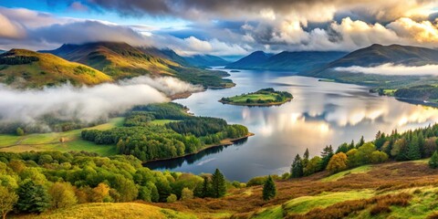 Misty morning on Ben Lomond's slope with a serene loch in the background, surrounded by towering mountains and lush greenery, Scotland, landscape
